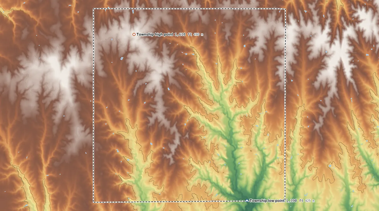 Topographic elevation map of Union Township, Washington County, Kansas, shaded from 1,390 ft on the southeast side to 1,610 ft near the middle