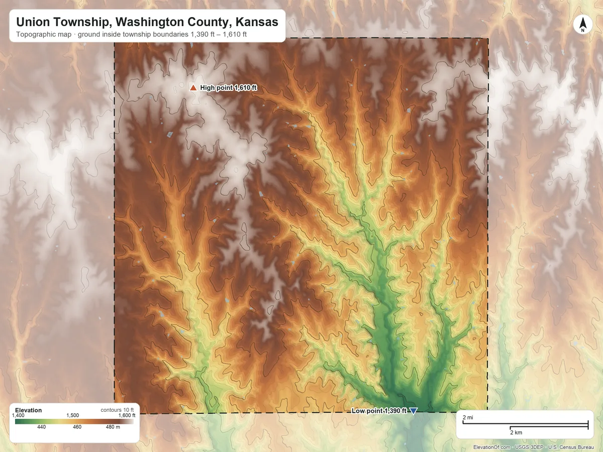 Topographic elevation map of Union Township, Washington County, Kansas, shaded from 1,390 ft on the southeast side to 1,610 ft near the middle