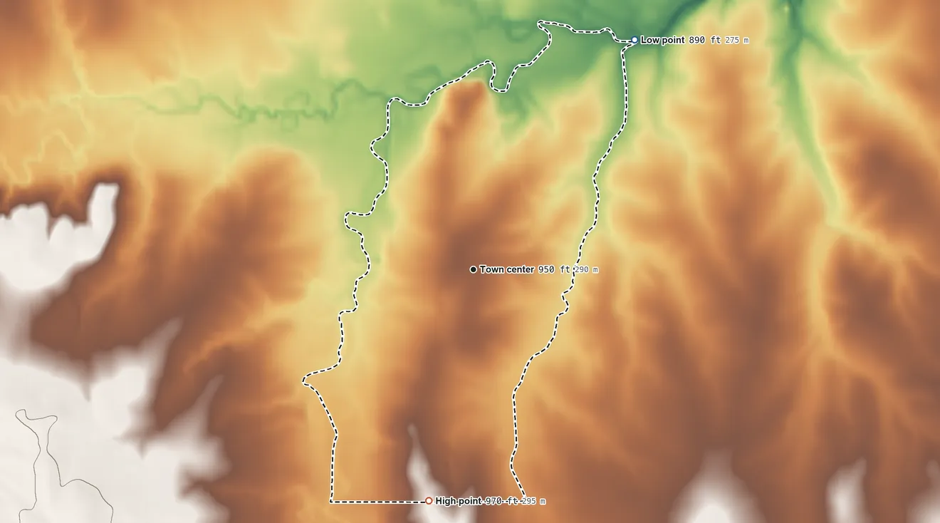Topographic elevation map of Urbana, Kansas, shaded from 890 ft on the northeast side to 970 ft on the south side