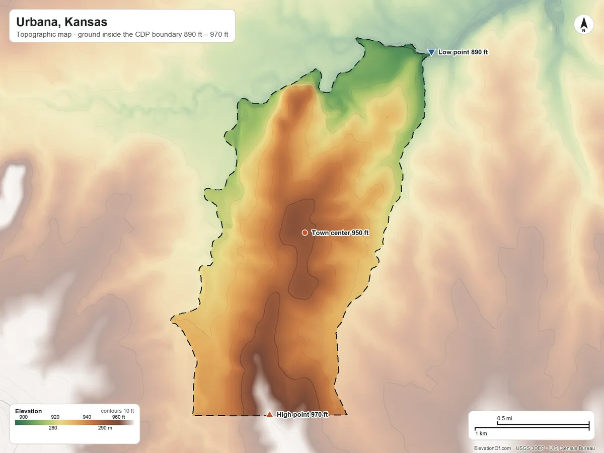 Topographic elevation map of Urbana, Kansas, shaded from 890 ft on the northeast side to 970 ft on the south side