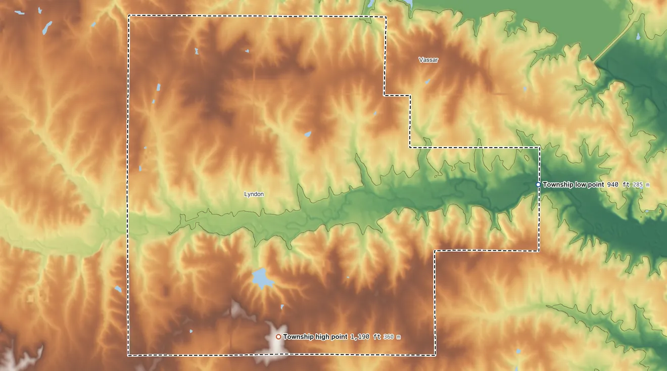 Topographic elevation map of Valley Brook Township, Kansas, shaded from 940 ft on the east side to 1,190 ft on the south side
