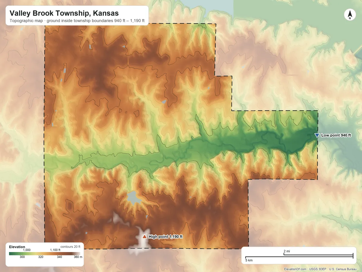 Topographic elevation map of Valley Brook Township, Kansas, shaded from 940 ft on the east side to 1,190 ft on the south side