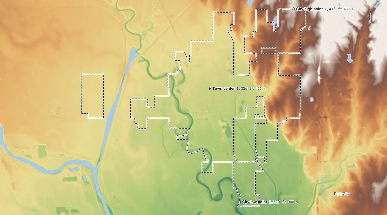 Topographic elevation map of Valley Center, Kansas, shaded from 1,320 ft on the south side to 1,410 ft on the northeast side
