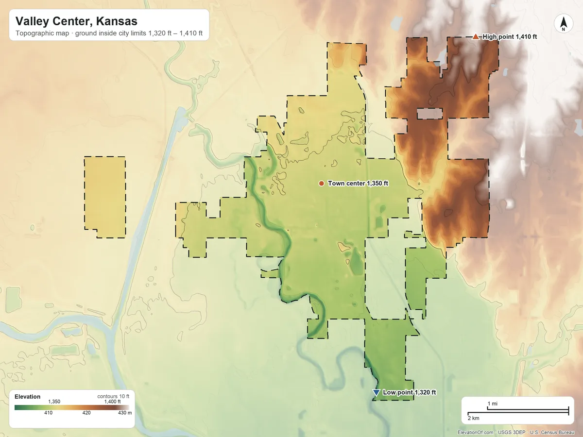 Topographic elevation map of Valley Center, Kansas, shaded from 1,320 ft on the south side to 1,410 ft on the northeast side