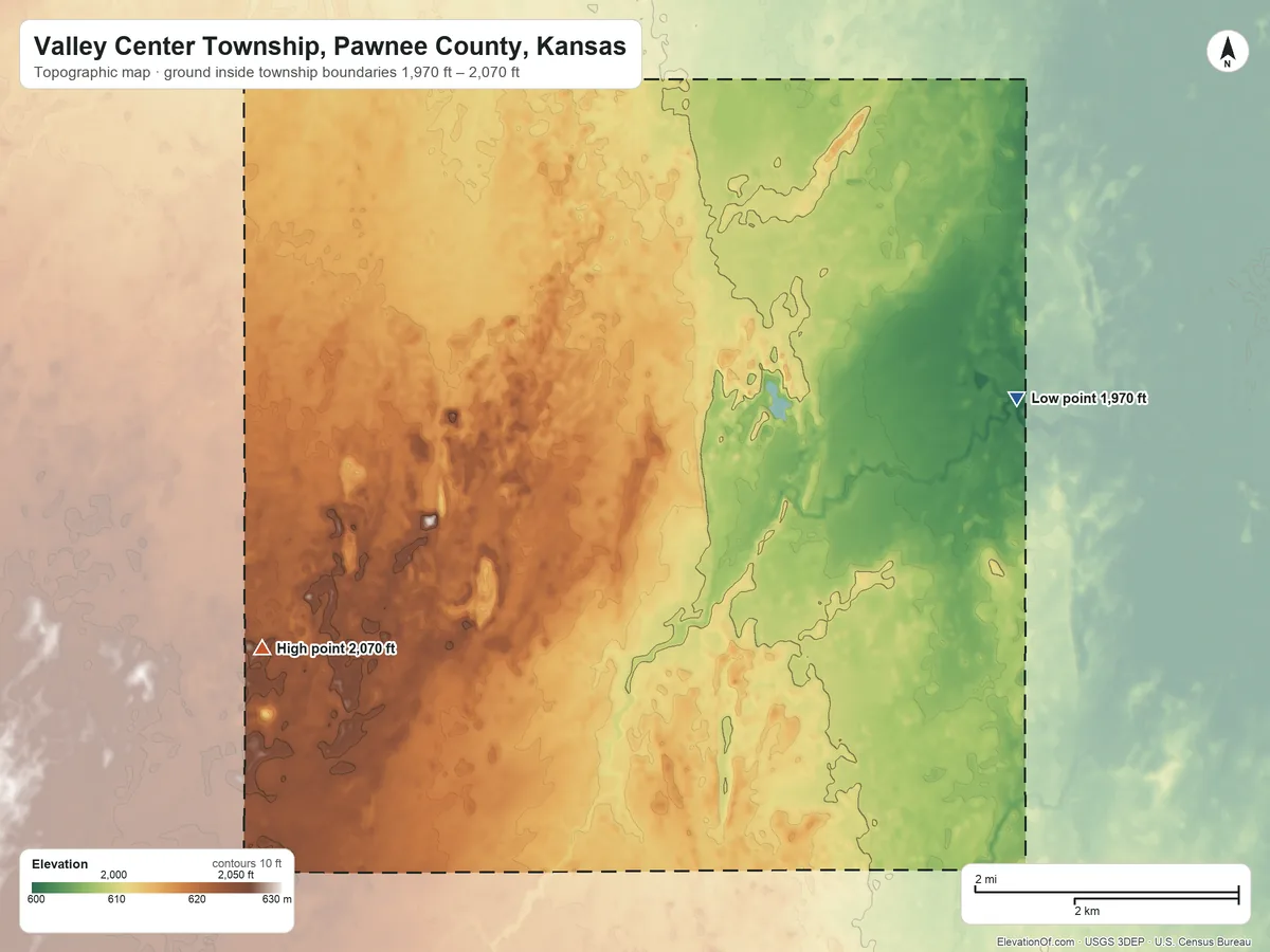 Topographic elevation map of Valley Center Township, Pawnee County, Kansas, shaded from 1,970 ft on the east side to 2,070 ft on the southwest side