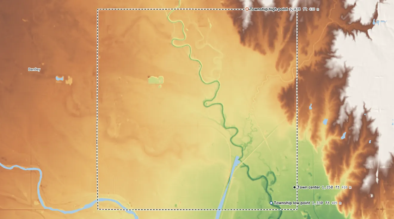 Topographic elevation map of Valley Center Township, Kansas, shaded from 1,330 ft near the middle to 1,420 ft on the north side