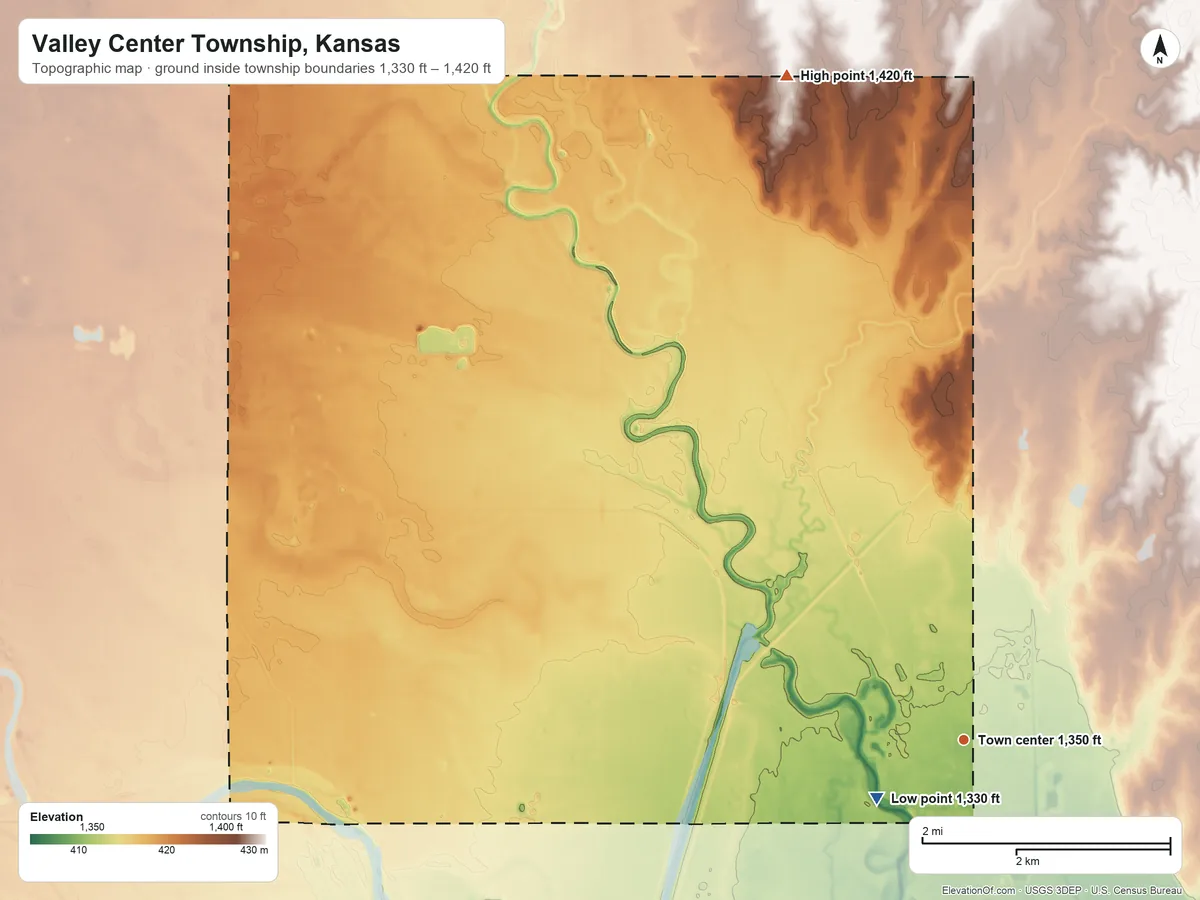 Topographic elevation map of Valley Center Township, Kansas, shaded from 1,330 ft near the middle to 1,420 ft on the north side