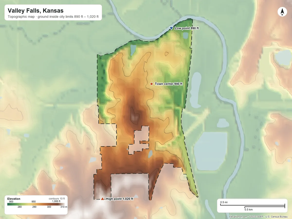 Topographic elevation map of Valley Falls, Kansas, shaded from 890 ft on the north side to 1,020 ft on the southwest side