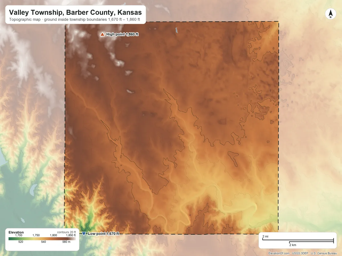 Topographic elevation map of Valley Township, Barber County, Kansas, shaded from 1,670 ft on the south side to 1,860 ft on the north side