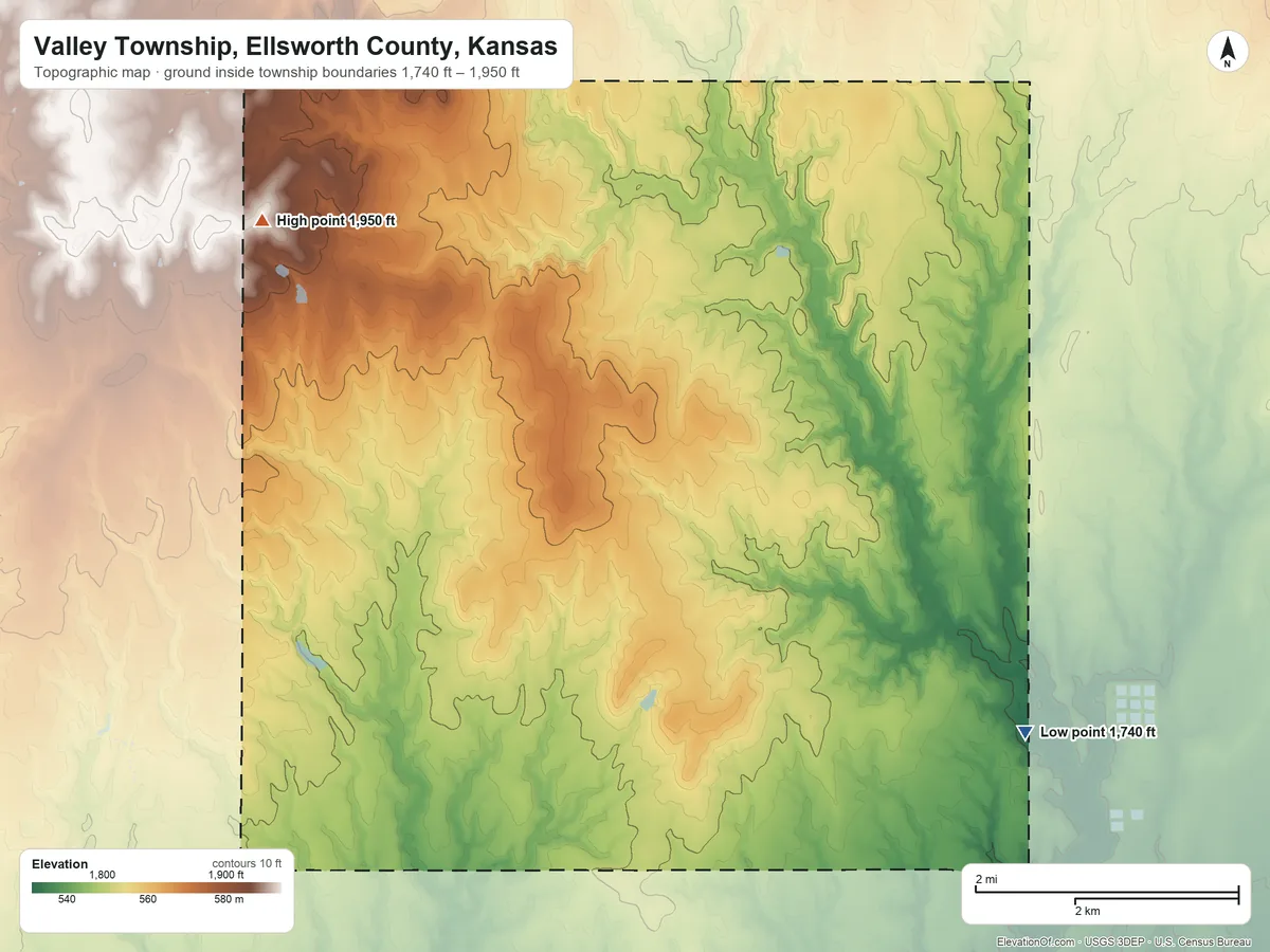 Topographic elevation map of Valley Township, Ellsworth County, Kansas, shaded from 1,740 ft on the southeast side to 1,950 ft on the west side