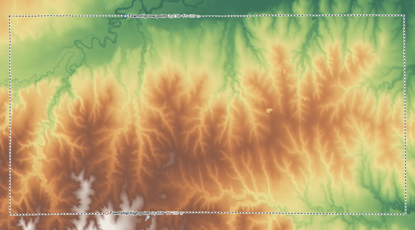 Topographic elevation map of Valley Township, Hodgeman County, Kansas, shaded from 2,230 ft on the northwest side to 2,460 ft on the southwest side