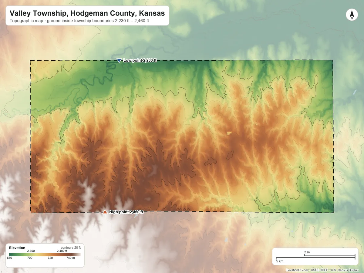 Topographic elevation map of Valley Township, Hodgeman County, Kansas, shaded from 2,230 ft on the northwest side to 2,460 ft on the southwest side