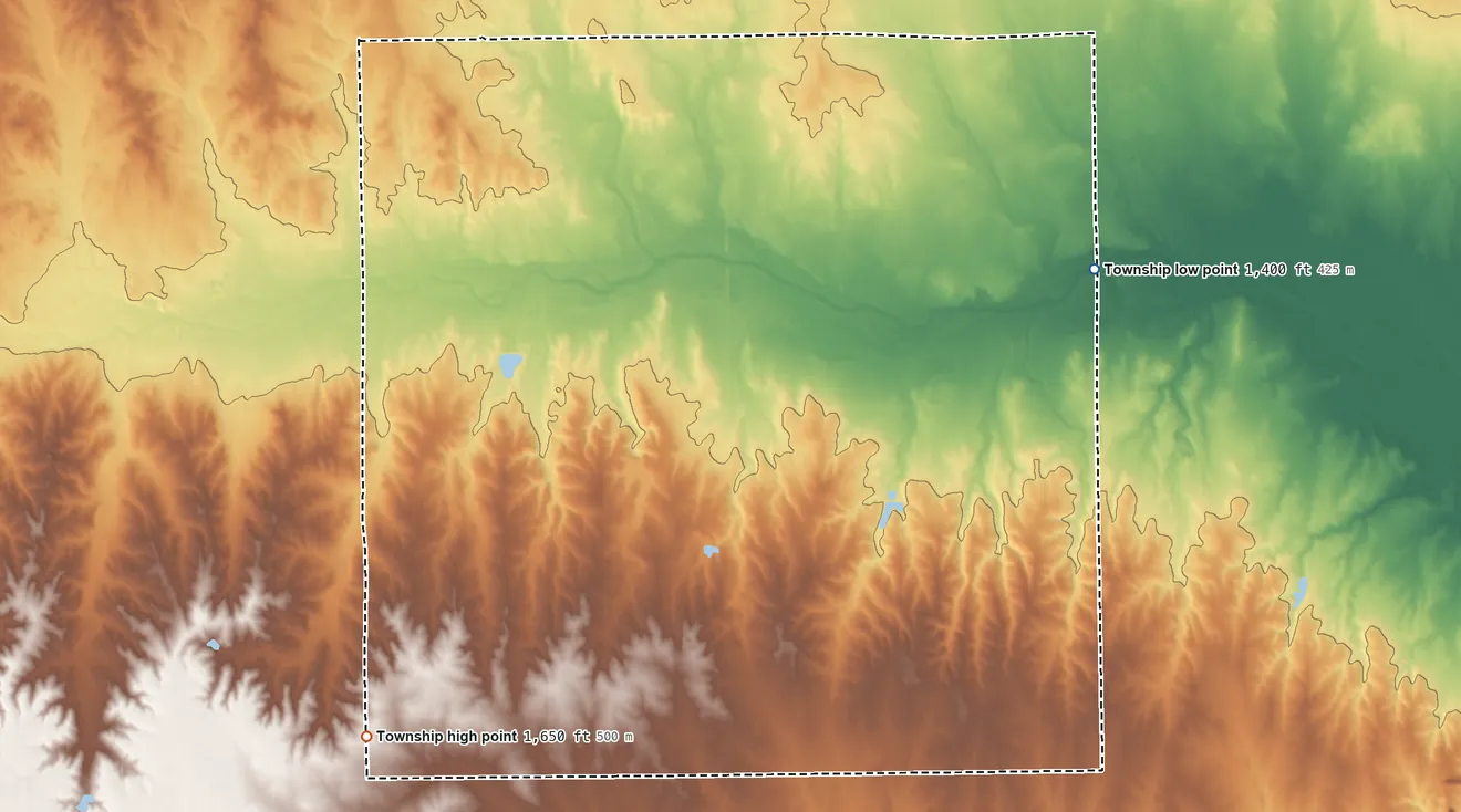 Topographic elevation map of Valley Township, Kingman County, Kansas, shaded from 1,400 ft on the east side to 1,650 ft on the southwest side