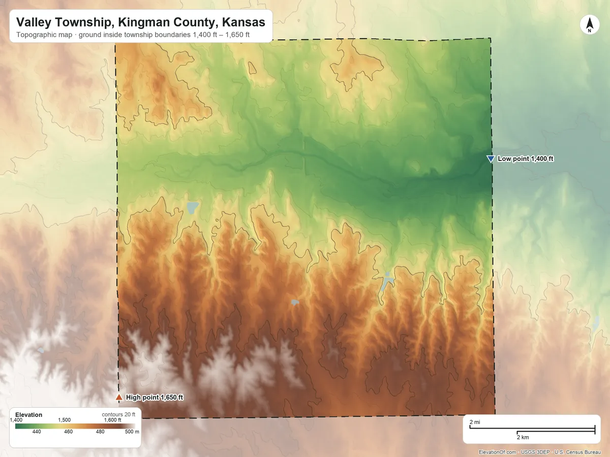 Topographic elevation map of Valley Township, Kingman County, Kansas, shaded from 1,400 ft on the east side to 1,650 ft on the southwest side