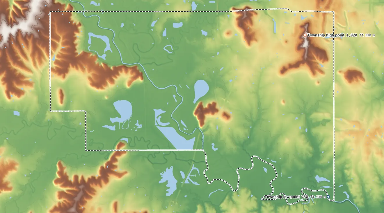Topographic elevation map of Valley Township, Linn County, Kansas, shaded from 750 ft on the southeast side to 1,020 ft on the northeast side