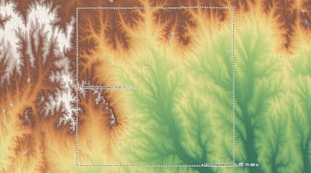 Topographic elevation map of Valley Township, Osborne County, Kansas, shaded from 1,610 ft on the southeast side to 2,010 ft on the southwest side
