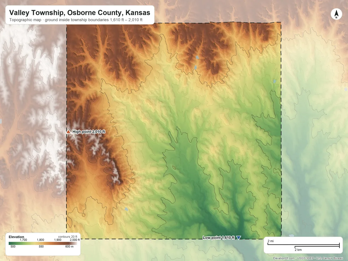 Topographic elevation map of Valley Township, Osborne County, Kansas, shaded from 1,610 ft on the southeast side to 2,010 ft on the southwest side
