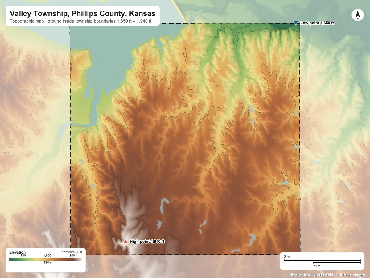 Topographic elevation map of Valley Township, Phillips County, Kansas, shaded from 1,650 ft on the northeast side to 1,940 ft on the southwest side