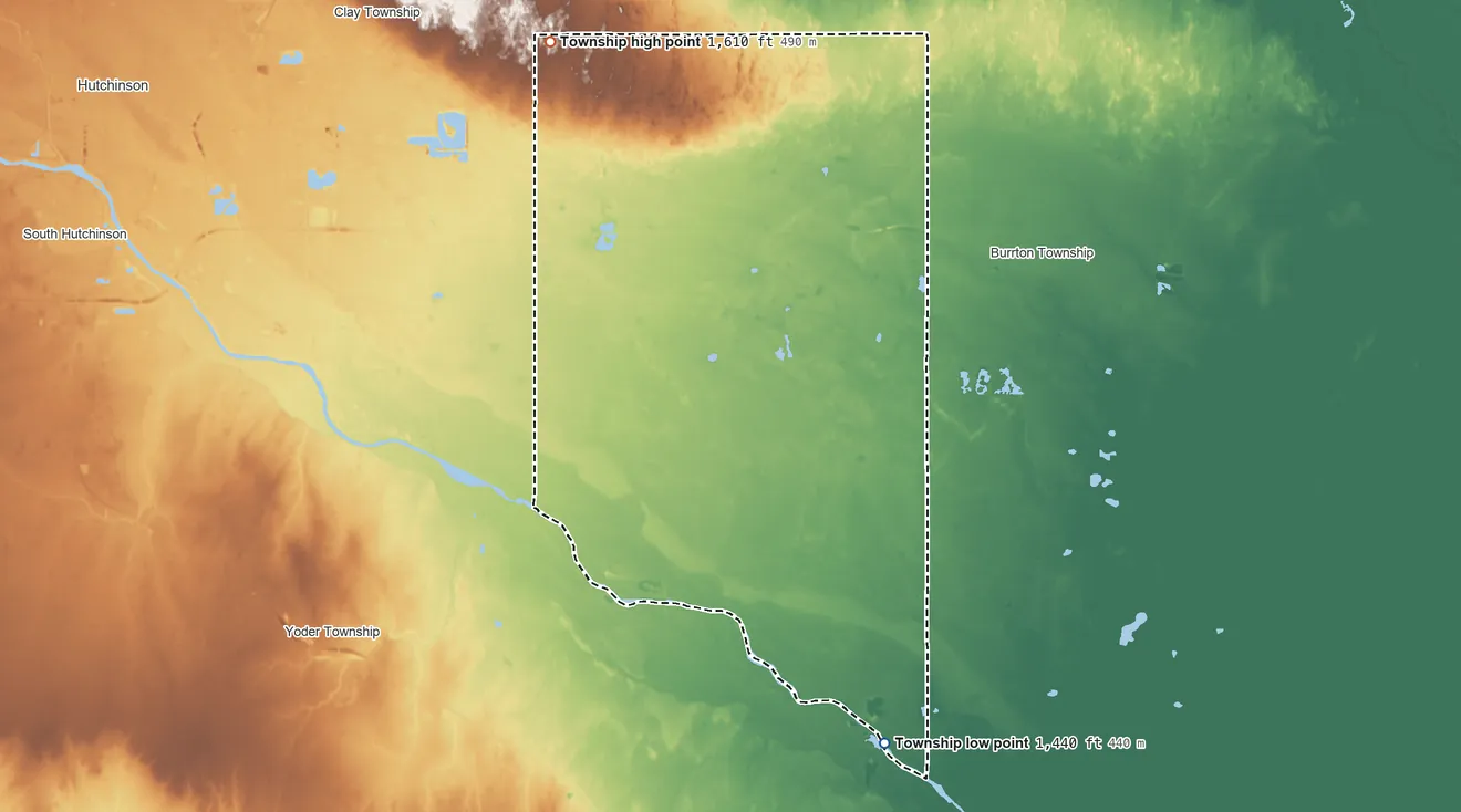 Topographic elevation map of Valley Township, Reno County, Kansas, shaded from 1,440 ft on the south side to 1,610 ft on the northwest side