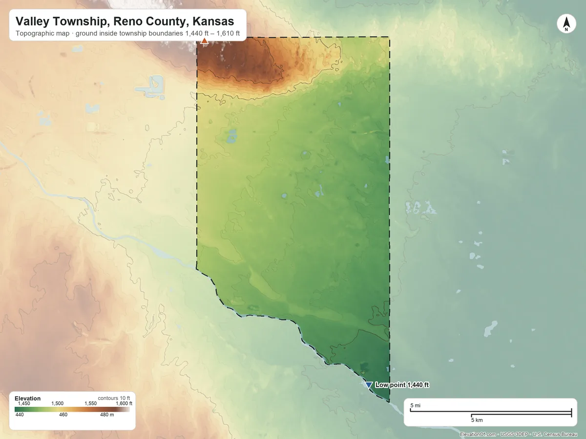 Topographic elevation map of Valley Township, Reno County, Kansas, shaded from 1,440 ft on the south side to 1,610 ft on the northwest side