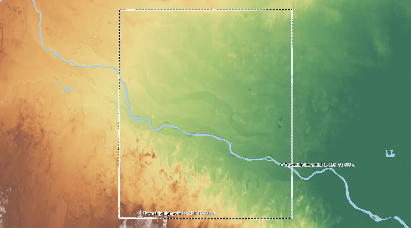 Topographic elevation map of Valley Township, Rice County, Kansas, shaded from 1,650 ft on the southeast side to 1,760 ft on the southwest side