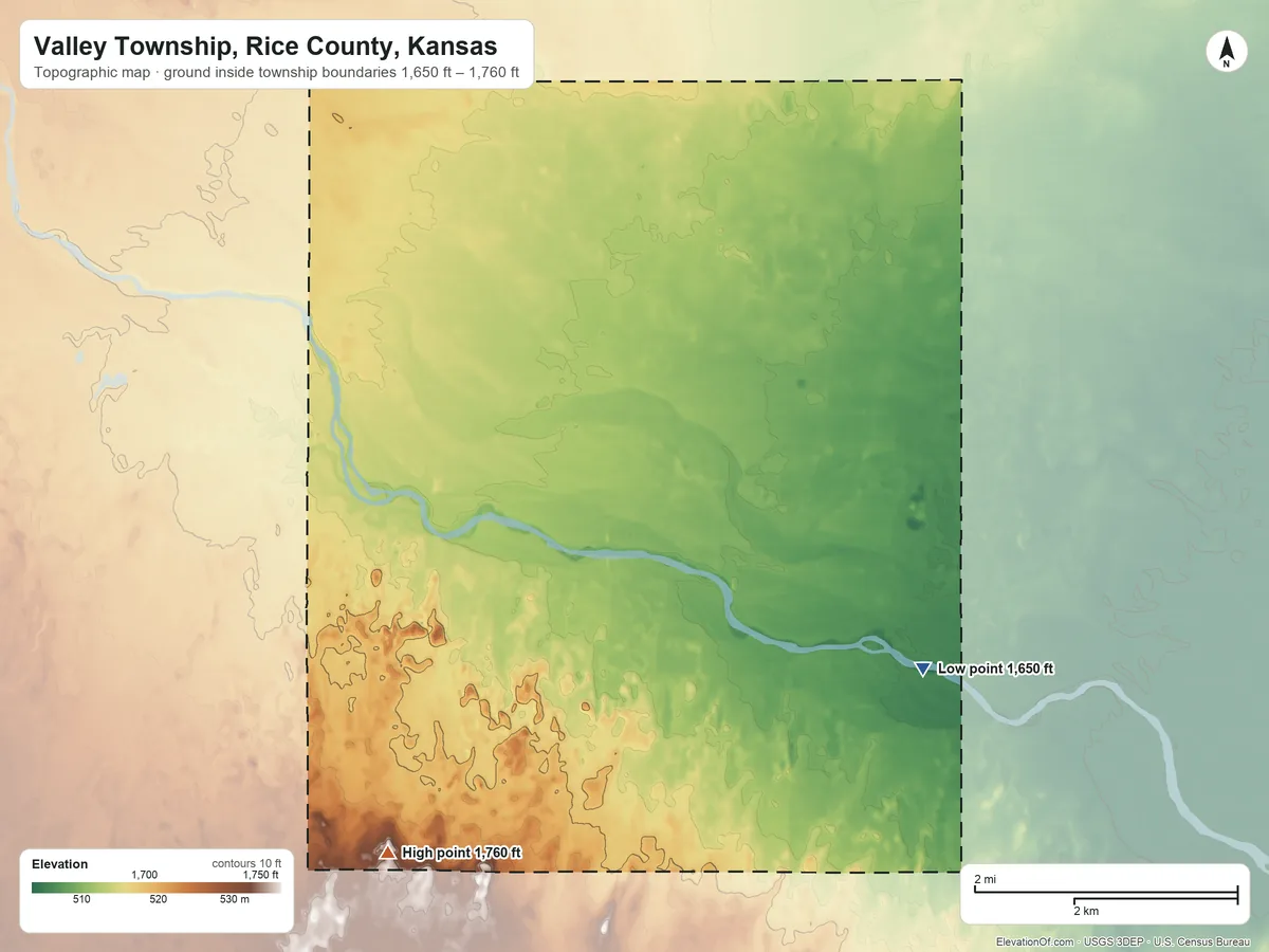 Topographic elevation map of Valley Township, Rice County, Kansas, shaded from 1,650 ft on the southeast side to 1,760 ft on the southwest side