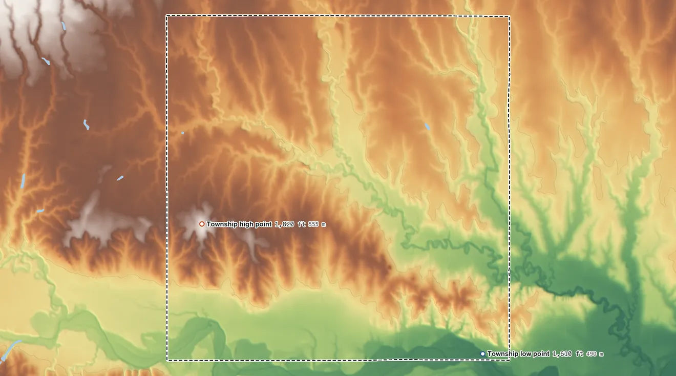 Topographic elevation map of Valley Township, Smith County, Kansas, shaded from 1,610 ft on the southeast side to 1,820 ft on the southwest side