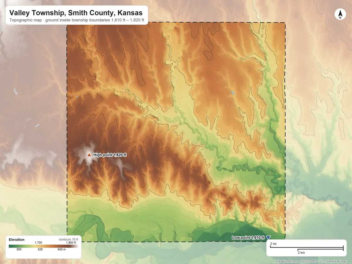 Topographic elevation map of Valley Township, Smith County, Kansas, shaded from 1,610 ft on the southeast side to 1,820 ft on the southwest side