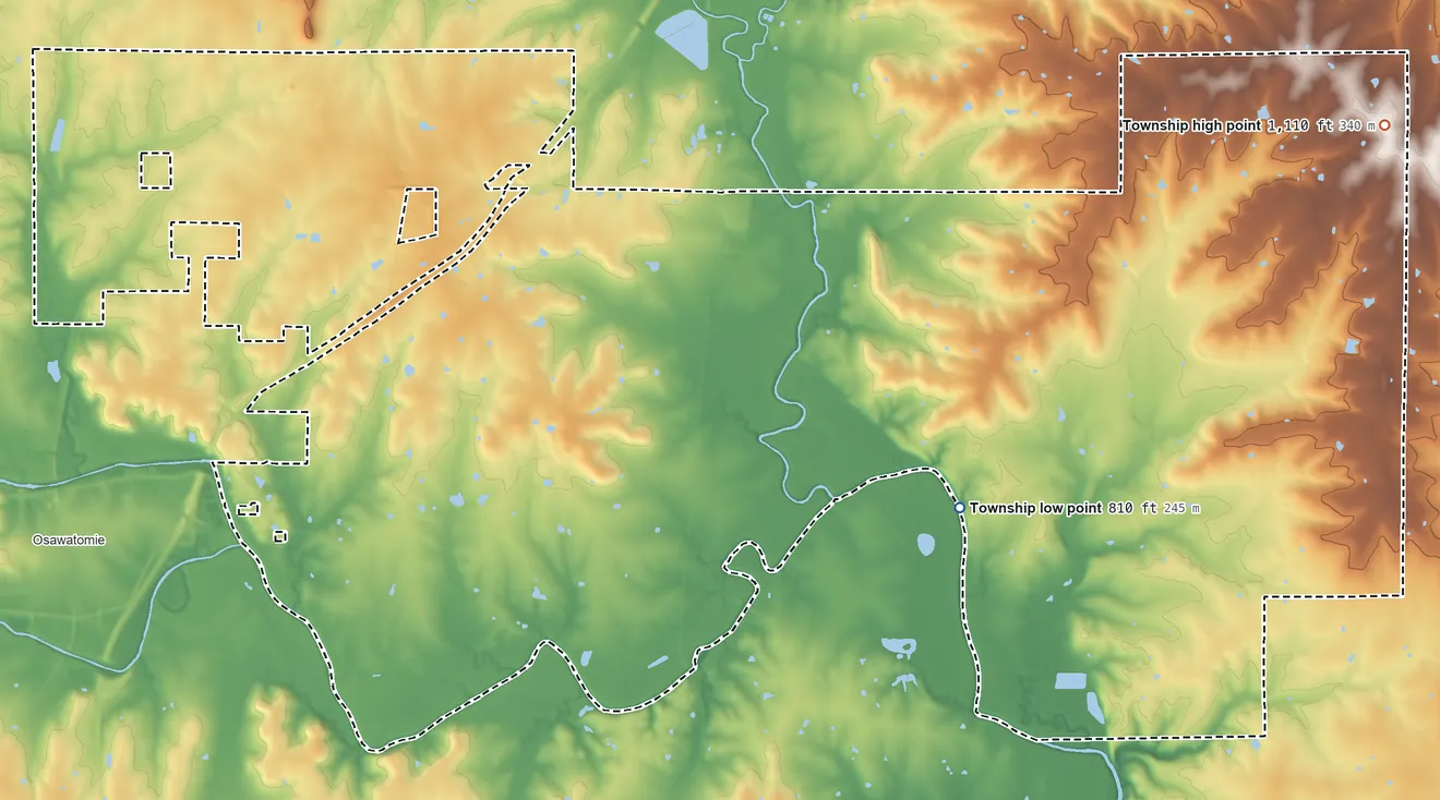 Topographic elevation map of Valley Township, Kansas, shaded from 810 ft on the east side to 1,110 ft on the east side