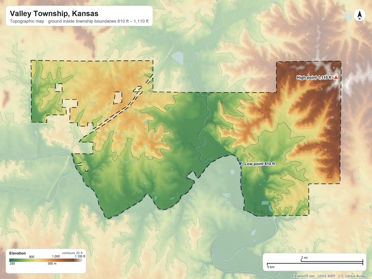 Topographic elevation map of Valley Township, Kansas, shaded from 810 ft on the east side to 1,110 ft on the east side