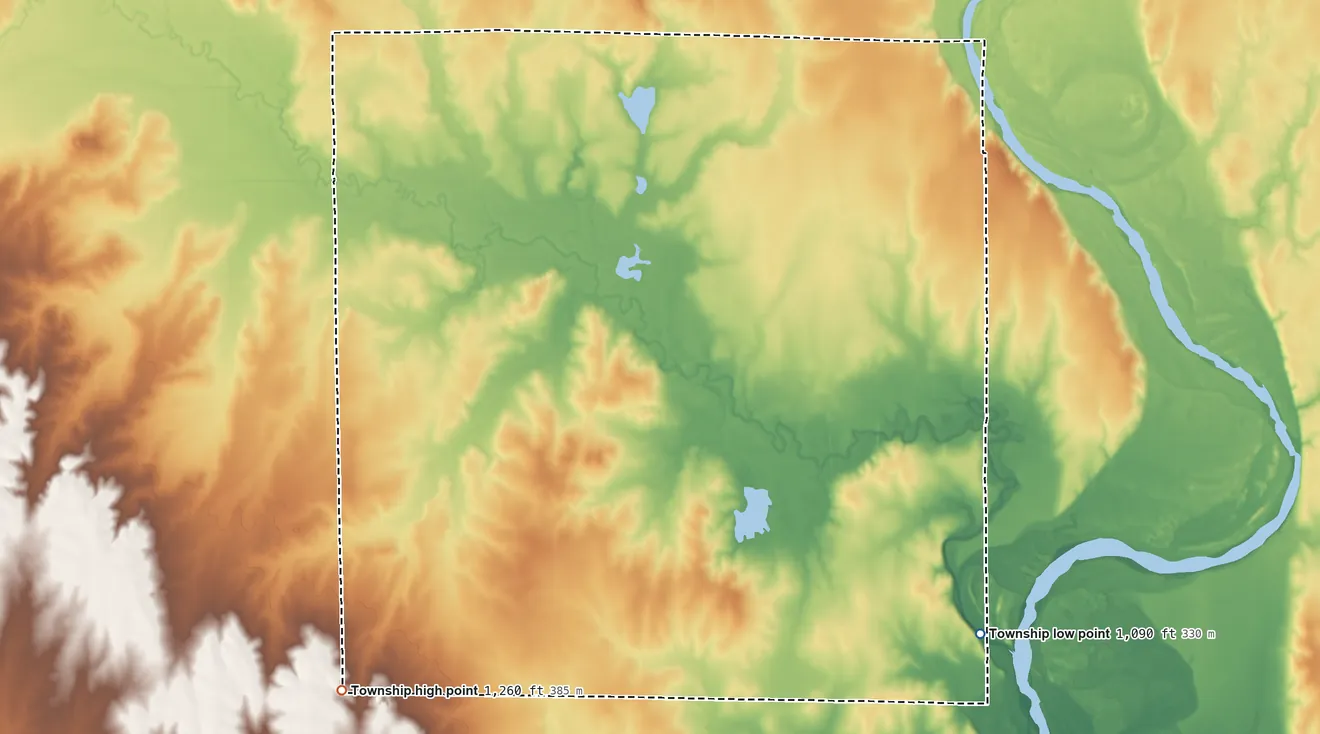 Topographic elevation map of Valverde Township, Kansas, shaded from 1,090 ft on the southeast side to 1,260 ft on the southwest side