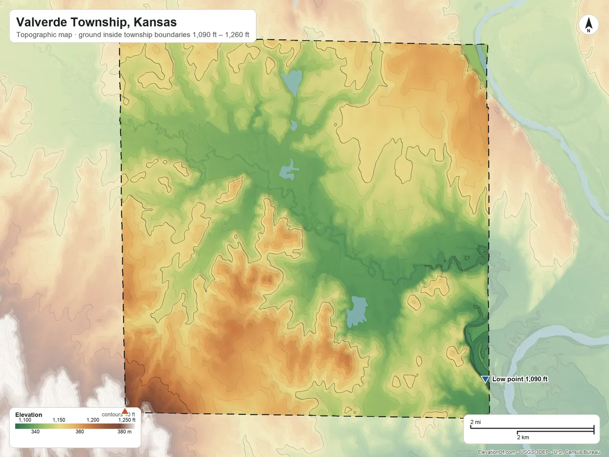 Topographic elevation map of Valverde Township, Kansas, shaded from 1,090 ft on the southeast side to 1,260 ft on the southwest side