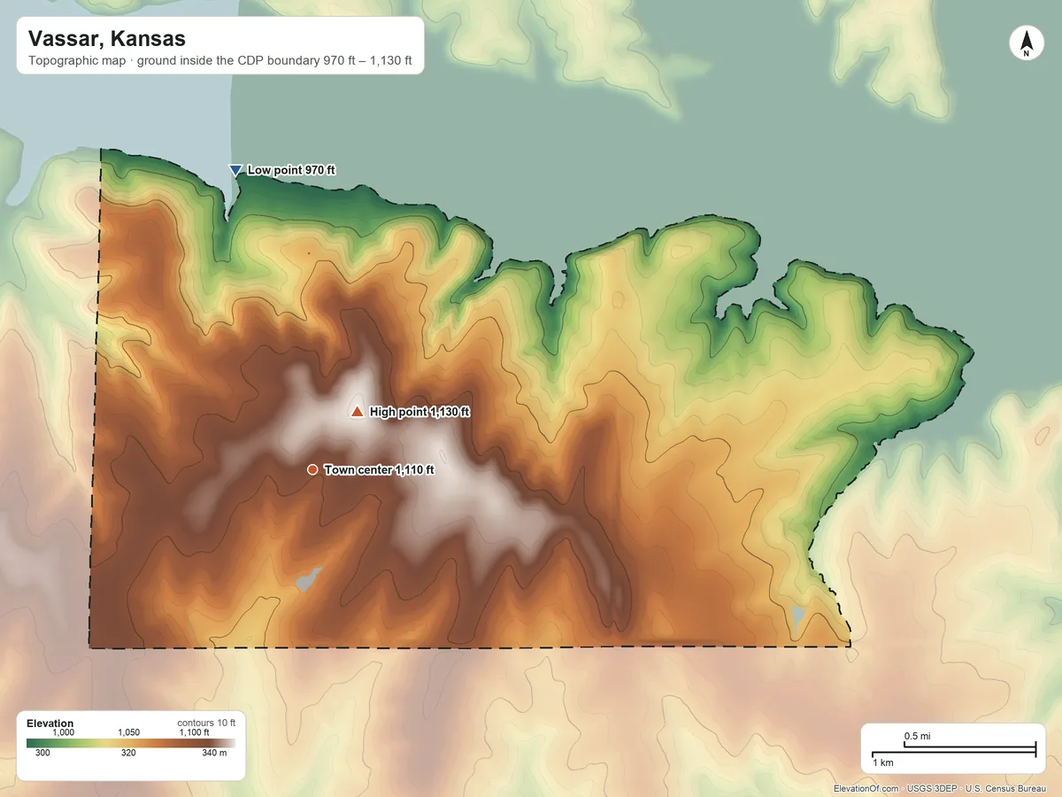 Topographic elevation map of Vassar, Kansas, shaded from 970 ft on the north side to 1,130 ft near the middle