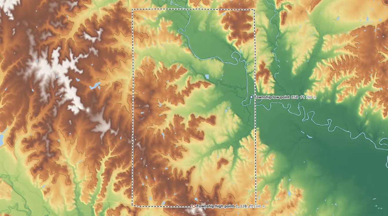 Topographic elevation map of Verdigris Township, Kansas, shaded from 850 ft on the northeast side to 1,120 ft on the south side