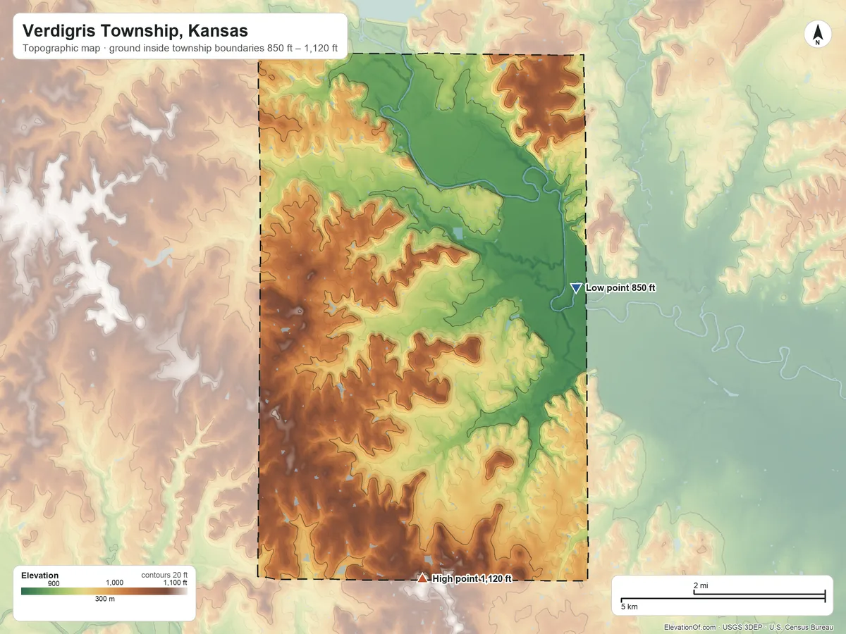 Topographic elevation map of Verdigris Township, Kansas, shaded from 850 ft on the northeast side to 1,120 ft on the south side