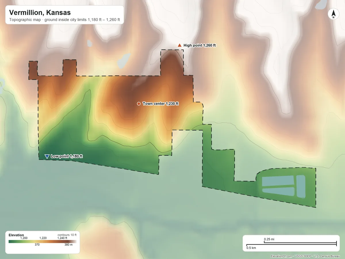 Topographic elevation map of Vermillion, Kansas, shaded from 1,180 ft on the southwest side to 1,260 ft on the northeast side