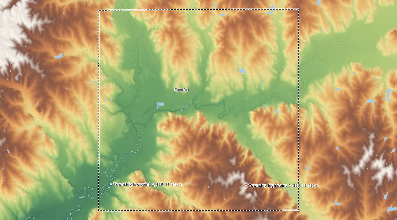 Topographic elevation map of Vermillion Township, Kansas, shaded from 1,110 ft on the southwest side to 1,350 ft on the southeast side