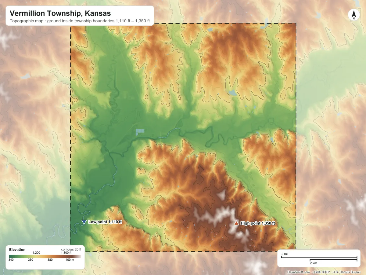 Topographic elevation map of Vermillion Township, Kansas, shaded from 1,110 ft on the southwest side to 1,350 ft on the southeast side