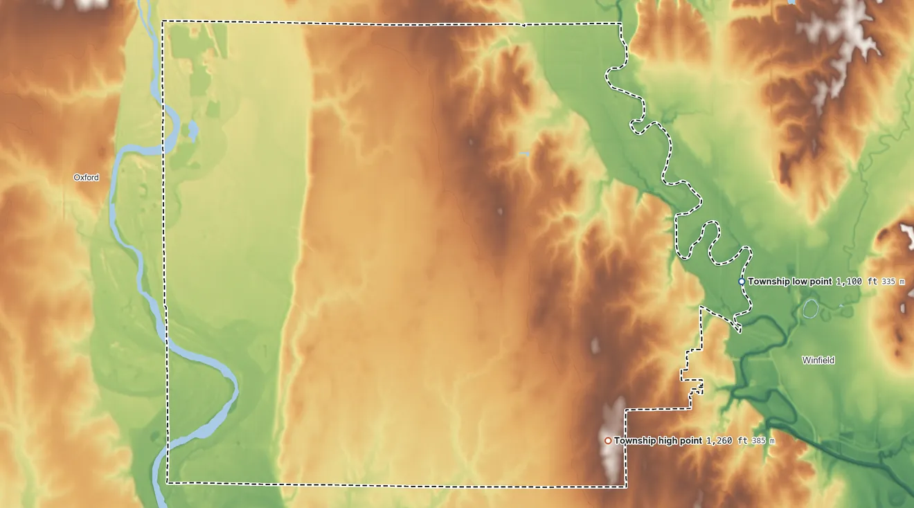 Topographic elevation map of Vernon Township, Kansas, shaded from 1,100 ft on the east side to 1,260 ft on the southeast side