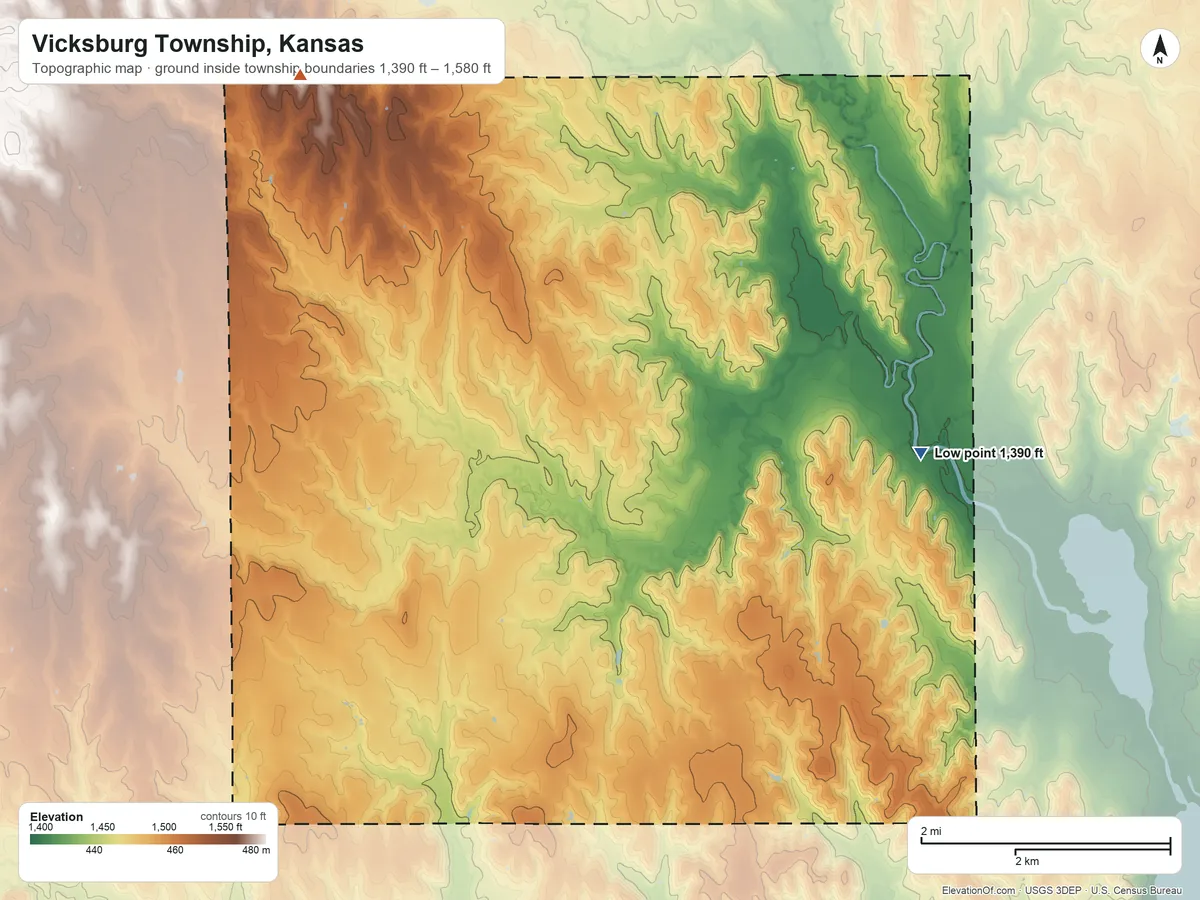 Topographic elevation map of Vicksburg Township, Kansas, shaded from 1,390 ft on the northeast side to 1,580 ft on the northwest side