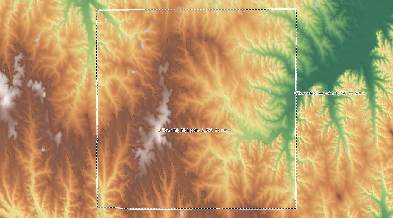 Topographic elevation map of Victor Township, Kansas, shaded from 1,770 ft on the northeast side to 2,070 ft on the west side