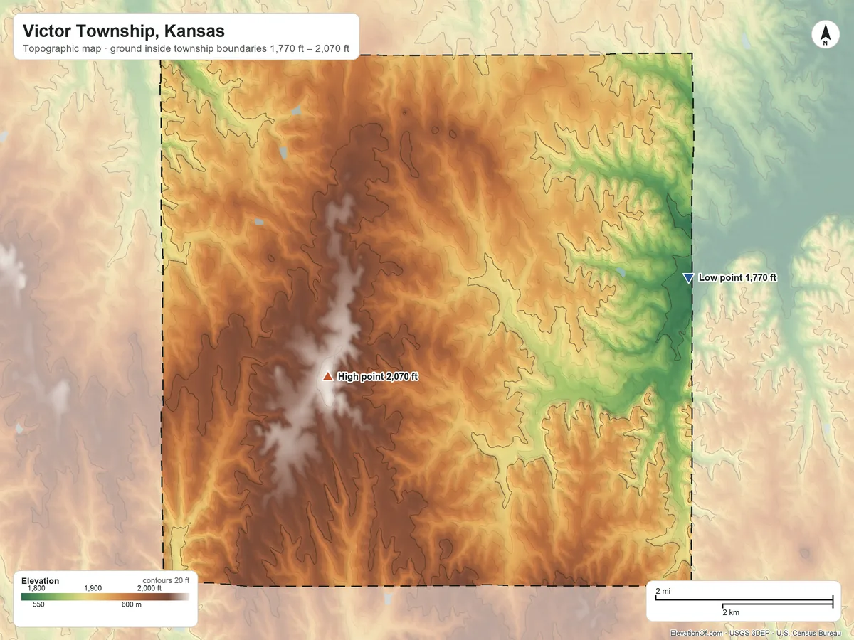 Topographic elevation map of Victor Township, Kansas, shaded from 1,770 ft on the northeast side to 2,070 ft on the west side