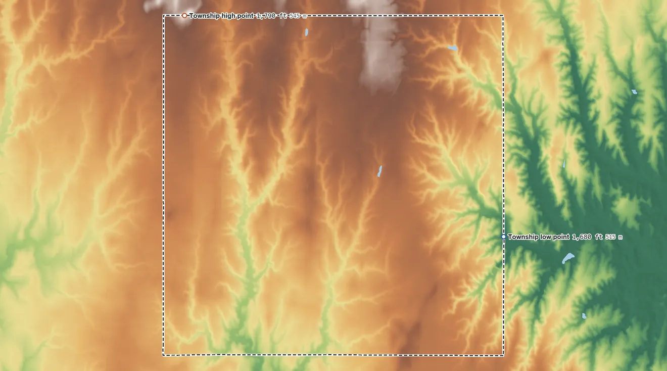 Topographic elevation map of Victoria Township, Kansas, shaded from 1,680 ft on the southeast side to 1,790 ft on the west side