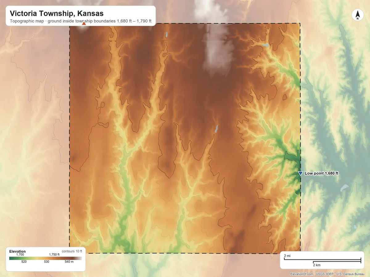 Topographic elevation map of Victoria Township, Kansas, shaded from 1,680 ft on the southeast side to 1,790 ft on the west side