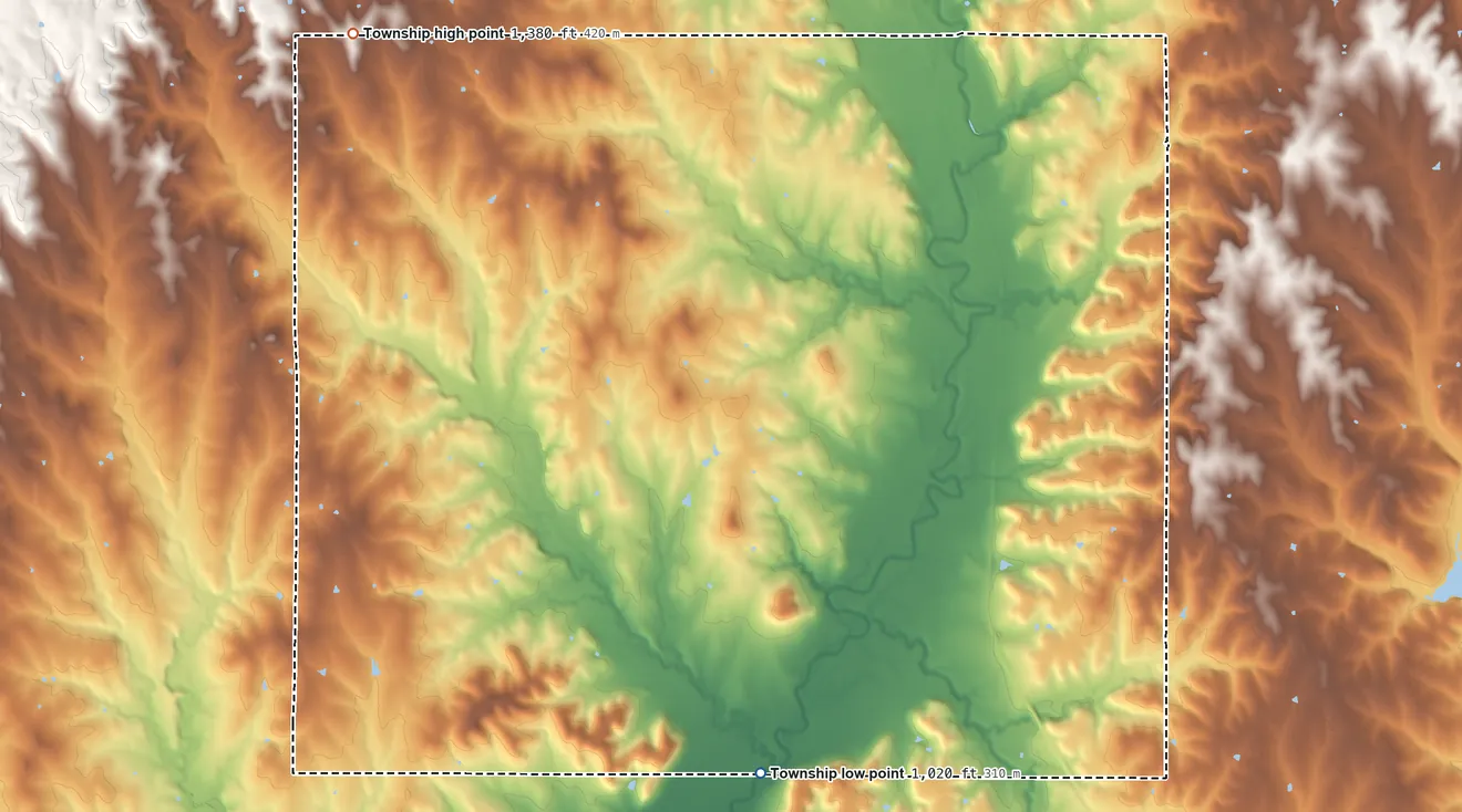 Topographic elevation map of Vienna Township, Kansas, shaded from 1,020 ft on the south side to 1,380 ft on the northwest side