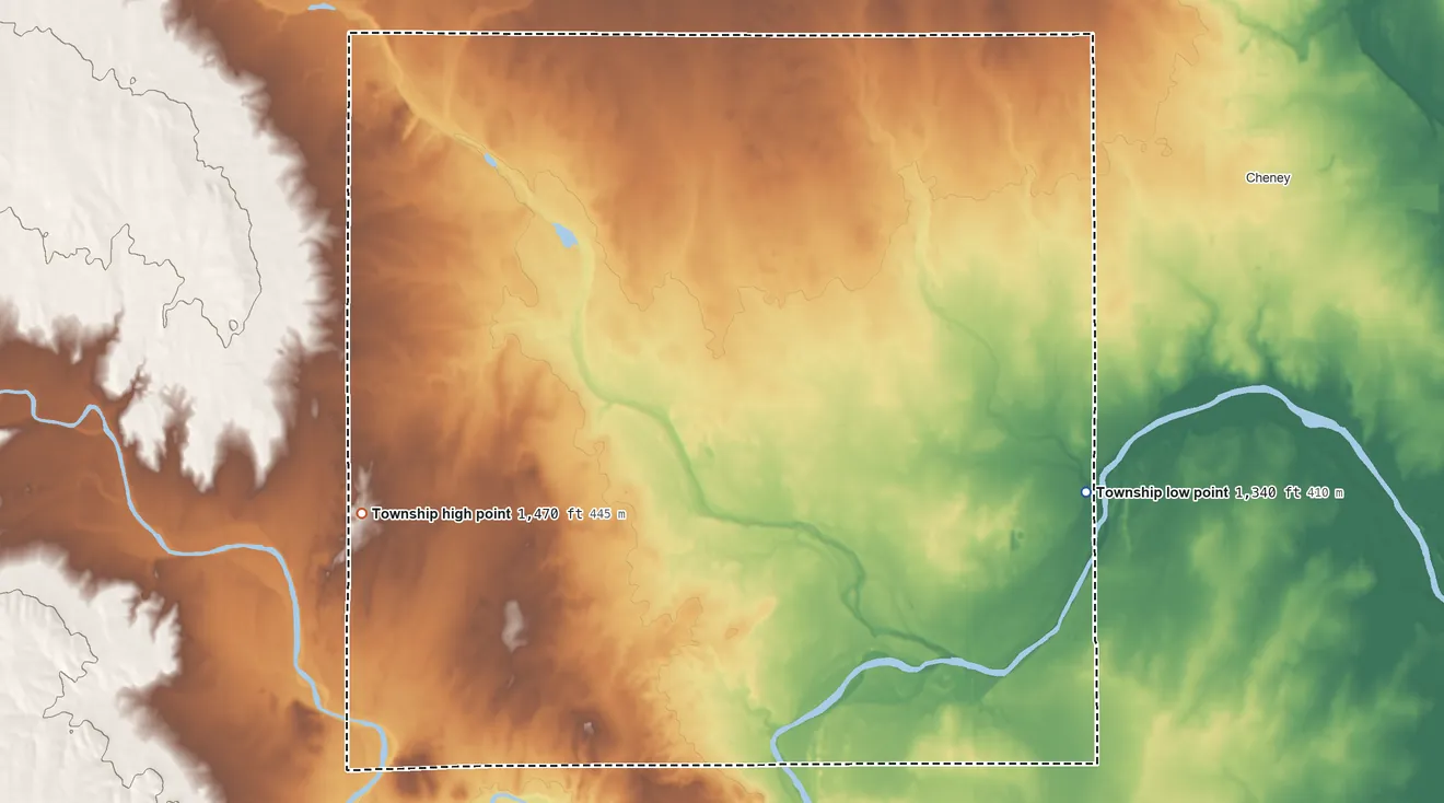Topographic elevation map of Vinita Township, Kansas, shaded from 1,340 ft on the southeast side to 1,470 ft on the west side