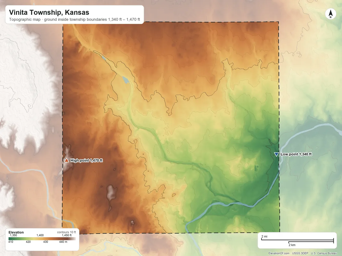 Topographic elevation map of Vinita Township, Kansas, shaded from 1,340 ft on the southeast side to 1,470 ft on the west side