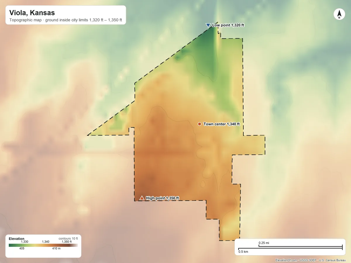 Topographic elevation map of Viola, Kansas, shaded from 1,320 ft on the north side to 1,350 ft on the southwest side