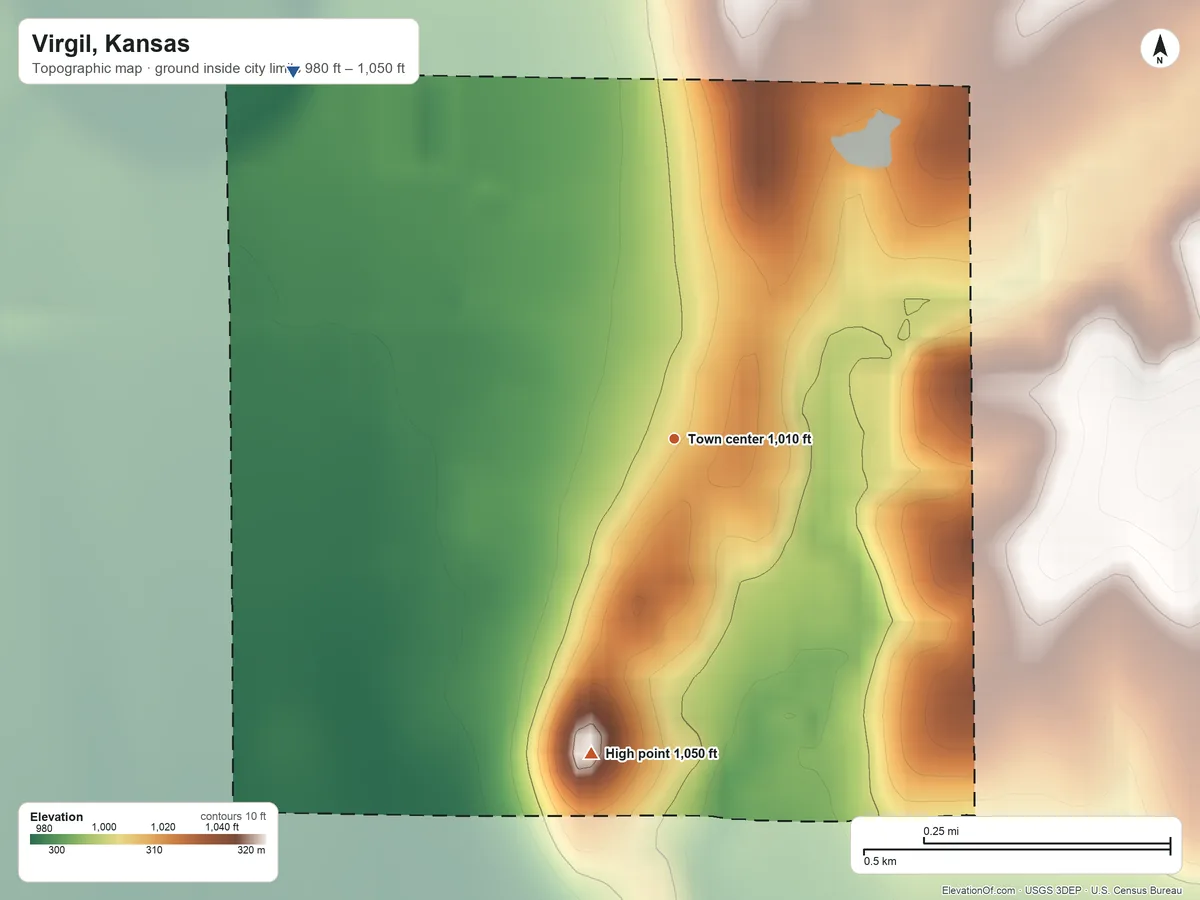 Topographic elevation map of Virgil, Kansas, shaded from 980 ft on the northwest side to 1,050 ft on the south side