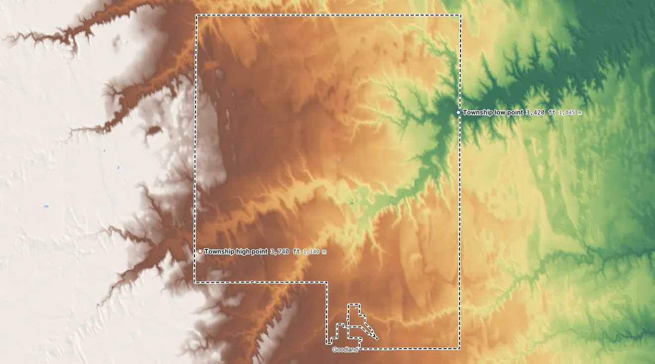 Topographic elevation map of Voltaire Township, Kansas, shaded from 3,420 ft on the northeast side to 3,740 ft on the southwest side